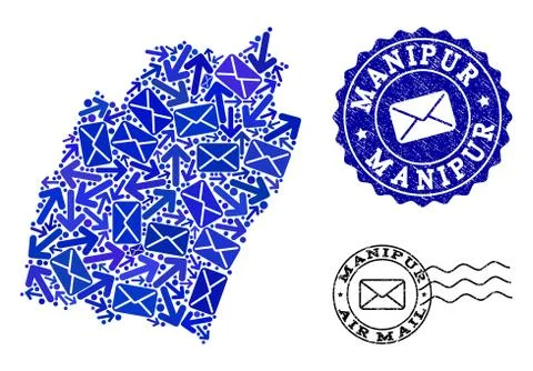 Mail Traffic Composition of Mosaic Map of Manipur State and Grunge Stamps Stock Illustration
