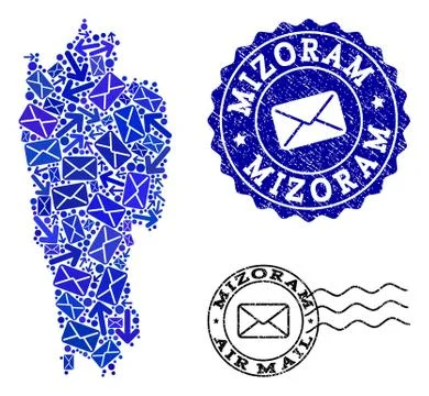 Mail Traffic Composition of Mosaic Map of Mizoram State and Grunge Seals Illustrazione stock