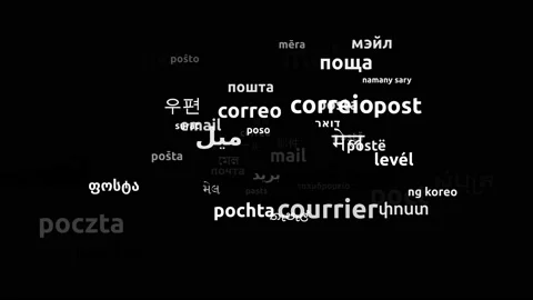 Mail Translated in 54 Worldwide Languages Endless Looping 3d Zooming Wordclou Video stock 145201891