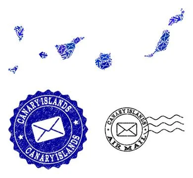Mail Ways Collage of Mosaic Map of Canary Islands and Textured Stamps 스톡 일러스트