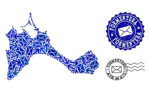 Mail Ways Collage of Mosaic Map of Formentera Island and Distress Stamps 스톡 일러스트