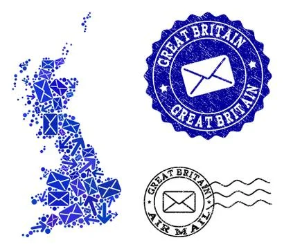Mail Ways Collage of Mosaic Map of Great Britain and Scratched Stamps Illustrazione stock