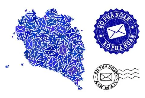 Mail Ways Collage of Mosaic Map of Ko Pha Ngan and Scratched Seals 스톡 일러스트