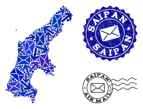 Mail Ways Collage of Mosaic Map of Saipan Island and Scratched Seals Illustrazione stock