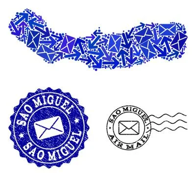 Mail Ways Collage of Mosaic Map of Sao Miguel Island and Grunge Seals Illustrazione stock