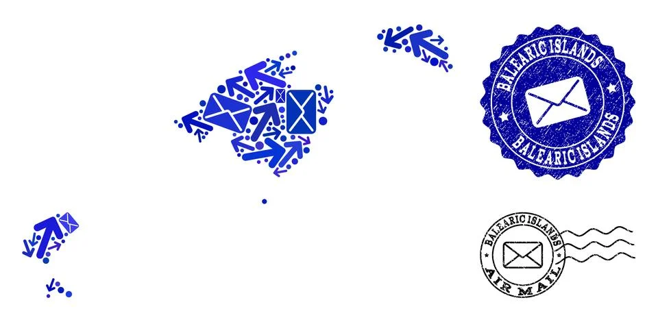 Mail Ways Composition of Mosaic Map of Balearic Islands and Textured Seals 스톡 일러스트
