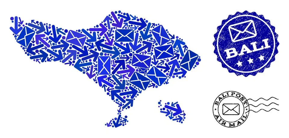 Mail Ways Composition of Mosaic Map of Bali Island and Grunge Stamps 스톡 일러스트