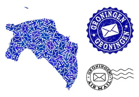 Mail Ways Composition of Mosaic Map of Groningen Province and Textured Seals Illustrazione stock