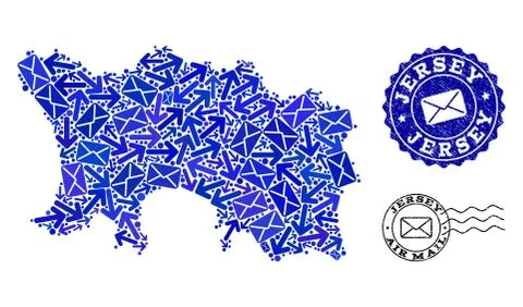 Mail Ways Composition of Mosaic Map of Jersey Island and Grunge Stamps 스톡 일러스트