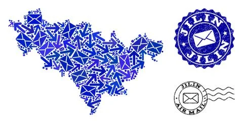 Mail Ways Composition of Mosaic Map of Jilin Province and Distress Seals 스톡 일러스트