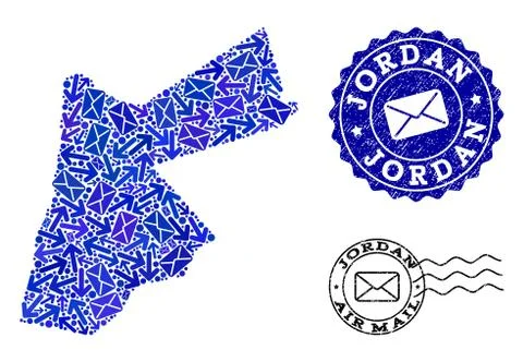 Mail Ways Composition of Mosaic Map of Jordan and Distress Seals 스톡 일러스트