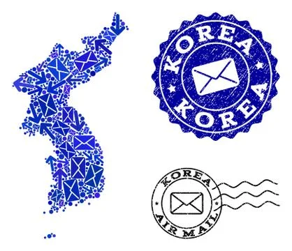 Mail Ways Composition of Mosaic Map of Korea and Grunge Stamps 스톡 일러스트