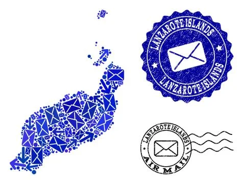 Mail Ways Composition of Mosaic Map of Lanzarote Islands and Scratched Seals 스톡 일러스트