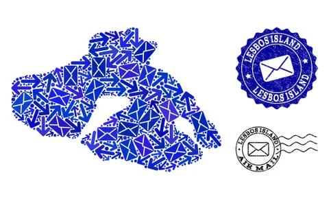 Mail Ways Composition of Mosaic Map of Lesbos Island and Textured Stamps 스톡 일러스트