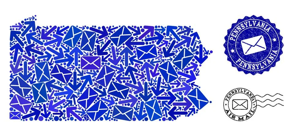 Mail Ways Composition of Mosaic Map of Pennsylvania State and Textured Stamps Illustrazione stock