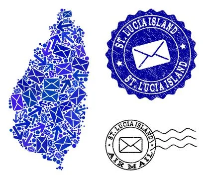 Mail Ways Composition of Mosaic Map of Saint Lucia Island and Textured Stamps Illustrazione stock