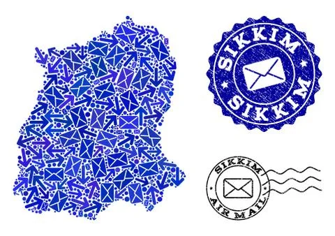 Mail Ways Composition of Mosaic Map of Sikkim State and Textured Stamps Illustrazione stock