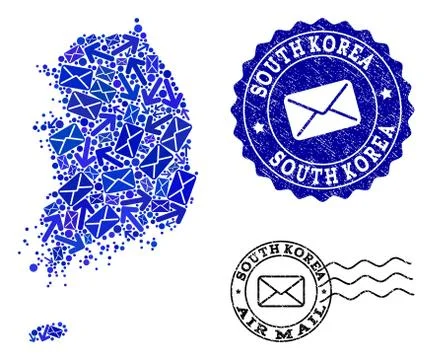 Mail Ways Composition of Mosaic Map of South Korea and Scratched Stamps Illustrazione stock