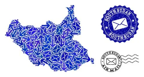 Mail Ways Composition of Mosaic Map of South Sudan and Distress Seals Illustrazione stock