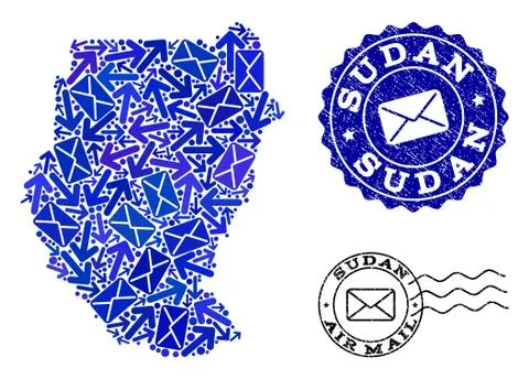 Mail Ways Composition of Mosaic Map of Sudan and Textured Stamps 스톡 일러스트
