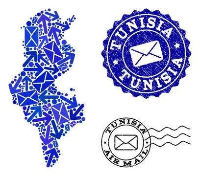 Mail Ways Composition of Mosaic Map of Tunisia and Grunge Seals Illustrazione stock