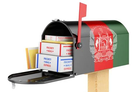 Mailbox with Afghan flag with parcels, envelopes inside. Shipping in Afghanis Illustrazione stock