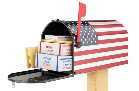 Mailbox with American flag with parcels, envelopes inside. Shipping in the Un 스톡 일러스트