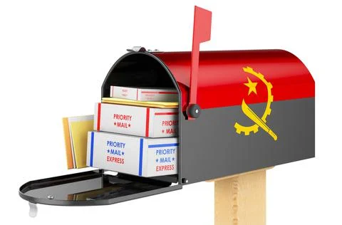 Mailbox with Angolan flag with parcels, envelopes inside. Shipping in Angola, Stock Illustration