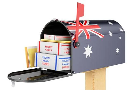Mailbox with Australian flag with parcels, envelopes inside. Shipping in Aust Stock Illustration