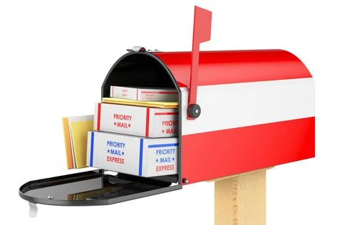 Mailbox with Austrian flag with parcels, envelopes inside. Shipping in Austri Stock Illustration