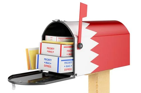 Mailbox with Bahraini flag with parcels, envelopes inside. Shipping in Bahrai Illustrazione stock