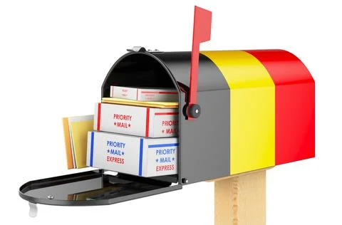 Mailbox with Belgian flag with parcels, envelopes inside. Shipping in Belgium Illustrazione stock