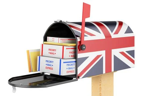 Mailbox with British flag with parcels, envelopes inside. Shipping in the Gre Illustrazione stock