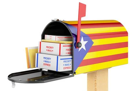 Mailbox with Catalan flag with parcels, envelopes inside. Shipping in Catalon Illustrazione stock
