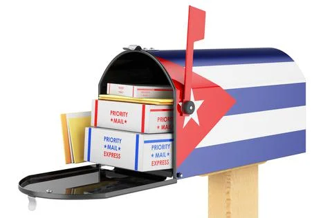 Mailbox with Cuban flag with parcels, envelopes inside. Shipping in Cuba, con 库存插图
