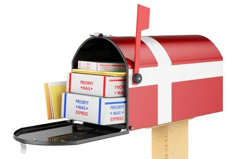 Mailbox with Danish flag with parcels, envelopes inside. Shipping in Denmark, Stock Illustration
