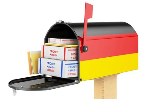 Mailbox with Deutsch flag with parcels, envelopes inside. Shipping in Germany Stock Illustration