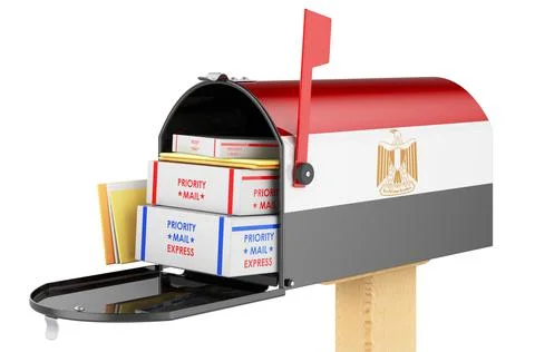 Mailbox with Egyptian flag with parcels, envelopes inside. Shipping in Egypt, 스톡 일러스트