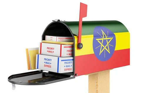 Mailbox with Ethiopian flag with parcels, envelopes inside. Shipping in Ethio Illustrazione stock