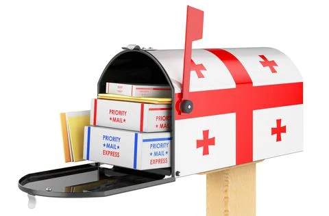 Mailbox with Georgian flag with parcels, envelopes inside. Shipping in Georgi Illustrazione stock