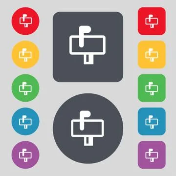 Mailbox icon sign. A set of 12 colored buttons. Flat design. Vector Illustrazione stock