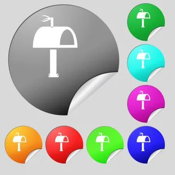 Mailbox icon sign. Set of eight multi colored round buttons, stickers. Vector Stock Illustration