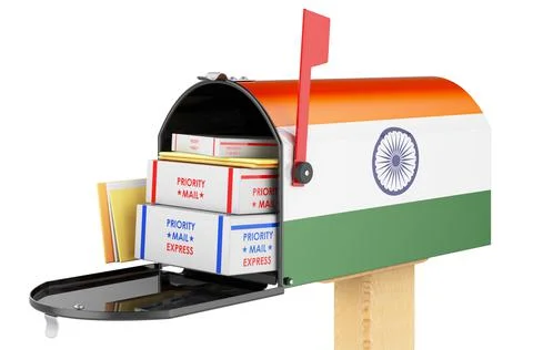 Mailbox with Indian flag with parcels, envelopes inside. Shipping in India, c Illustrazione stock
