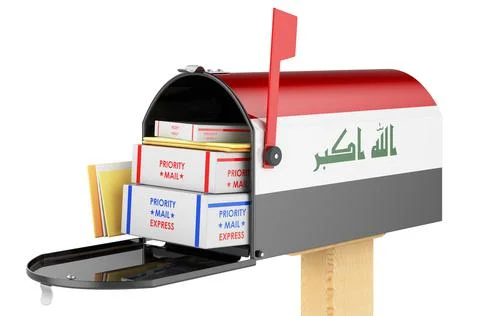 Mailbox with Iraqi flag with parcels, envelopes inside. Shipping in Iraq, con 스톡 일러스트