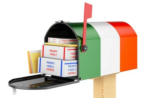 Mailbox with Irish flag with parcels, envelopes inside. Shipping in Ireland,  イラスト素材