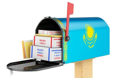 Mailbox with Kazakh flag with parcels, envelopes inside. Shipping in Kazakhst Illustrazione stock