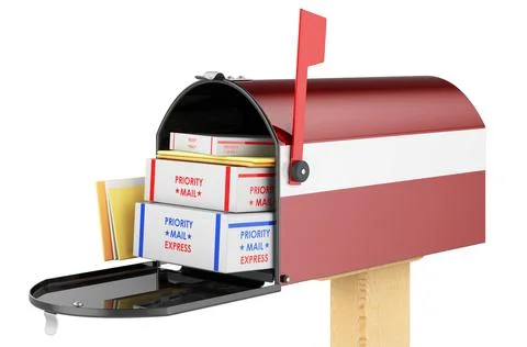 Mailbox with Latvian flag with parcels, envelopes inside. Shipping in Latvia, 스톡 일러스트