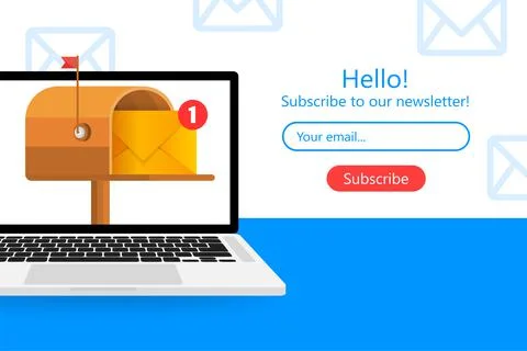 Mailbox with a letter inside in a flat style on a yellow background. Subscrib Illustrazione stock