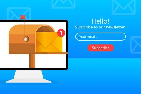 Mailbox with a letter inside in a flat style on a yellow background. Subscrib Illustrazione stock