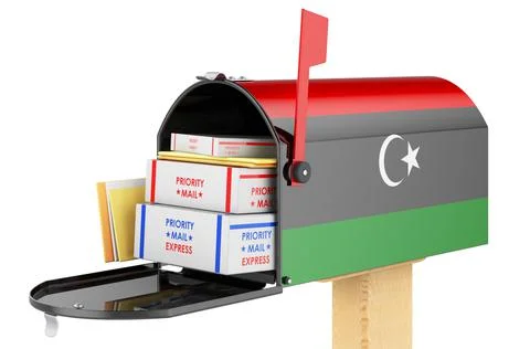 Mailbox with Libyan flag with parcels, envelopes inside. Shipping in Libya, c Illustrazione stock